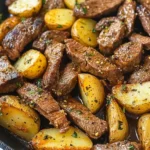 Knoblauchbutter-Steak mit Kartoffeln aus der Pfanne .