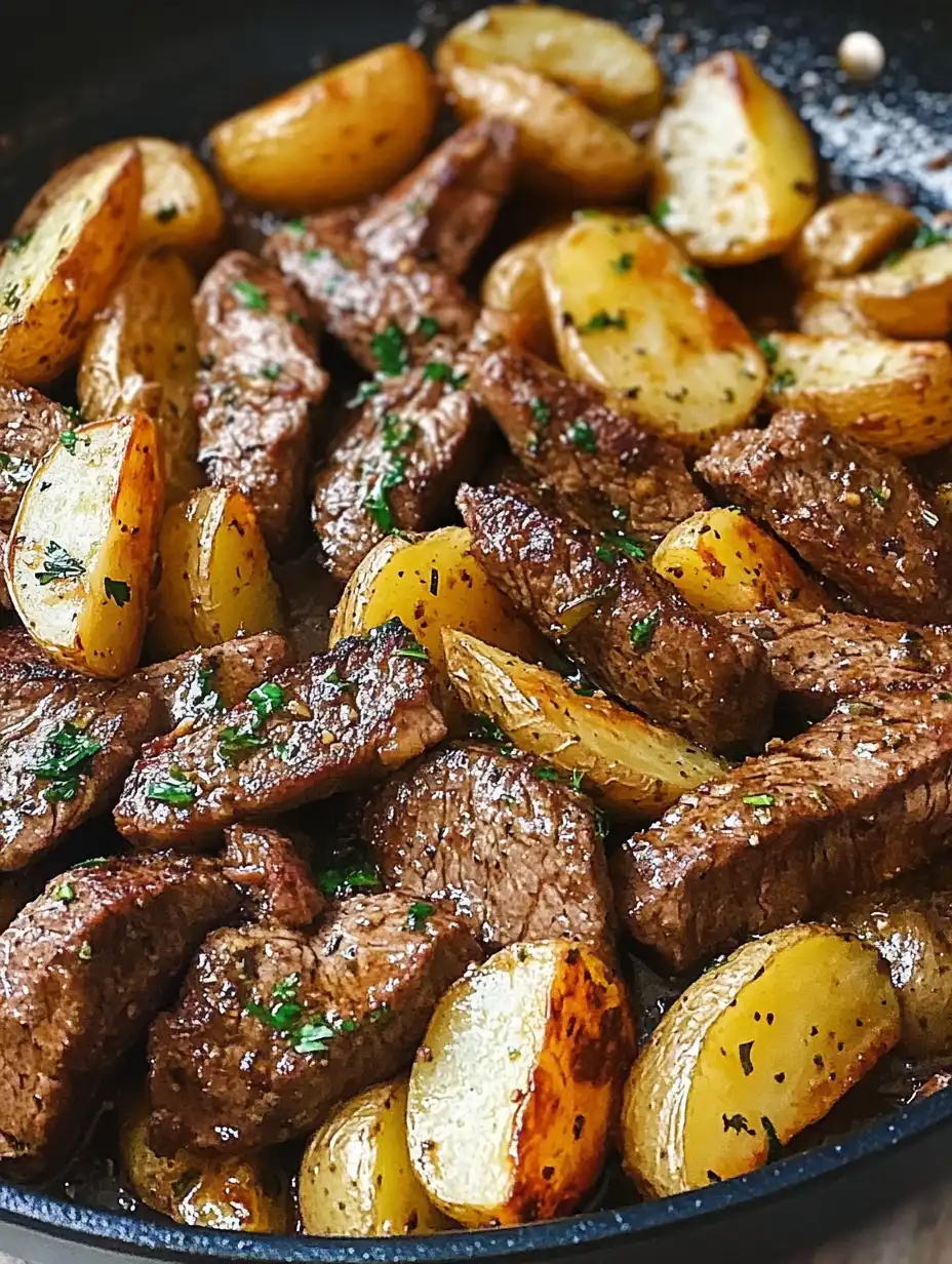 Knoblauchbutter-Steak mit Kartoffeln aus der Pfanne