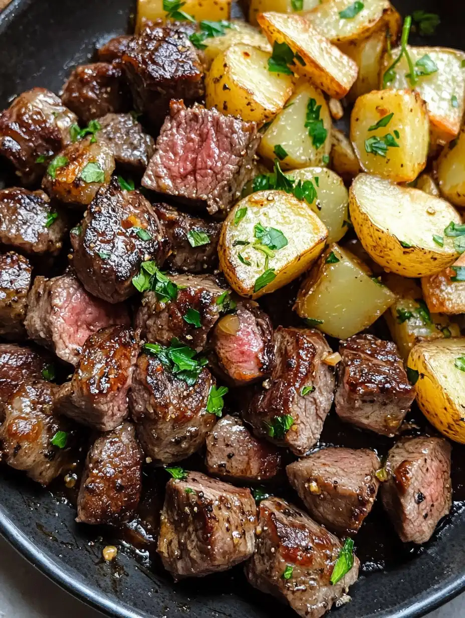 Knoblauchbutter-Steakwürfel mit Kartoffeln